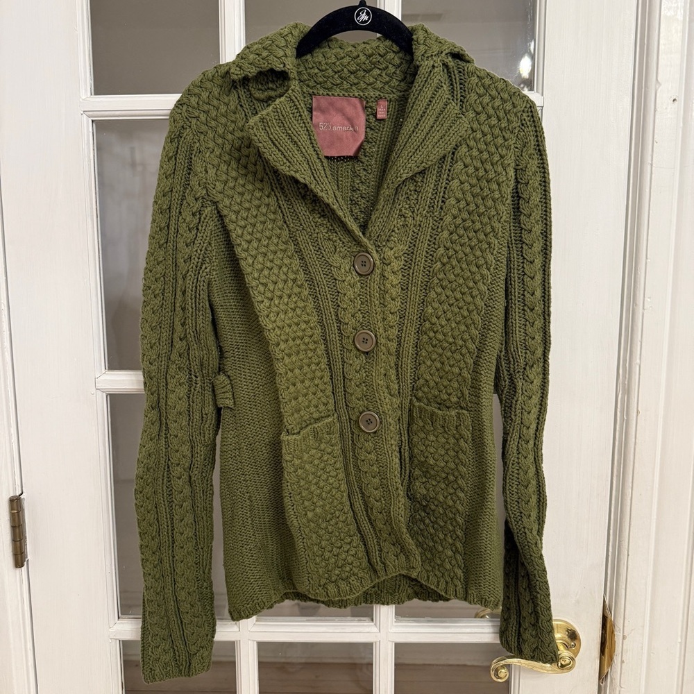 525 AMERICAN Women's Olive Green Cable Knit Button Down Sweater Jacket Size L